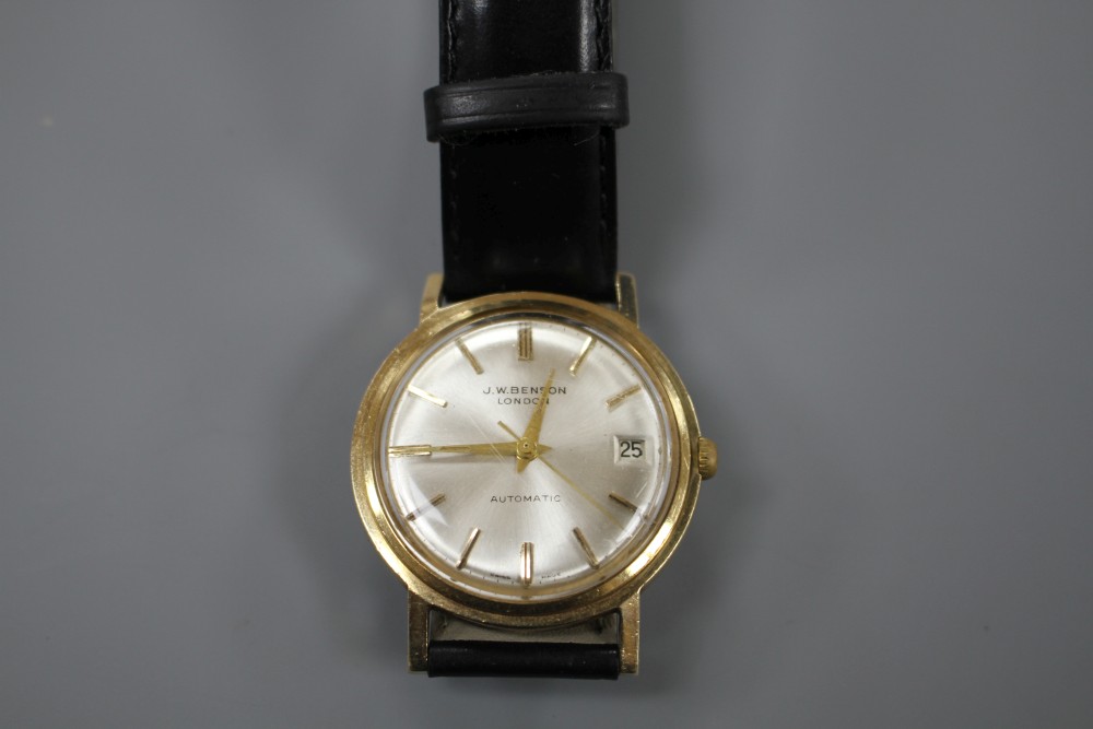 A gentlemans 1960s 9ct gold J.W. Benson automatic wrist watch, on later associated leather strap.